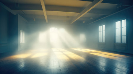 Empty room interior with light rays from window. 3D Rendering, Empty Stage Background, fog, photo mockupの素材