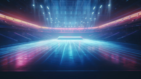 3D rendering of an empty stage with neon lights and spotlights, Empty Stage Background, fog, photo mockupの素材
