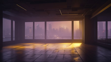 Empty room with window and city view. 3D Rendering, Empty Stage Background, fog, photo mockupの素材