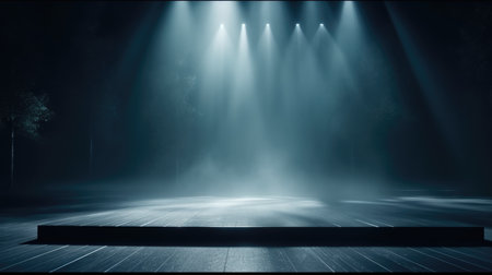 Empty stage with spotlights and smoke. Stage illuminated by spotlights, Empty Stage Background, fog, photo mockupの素材