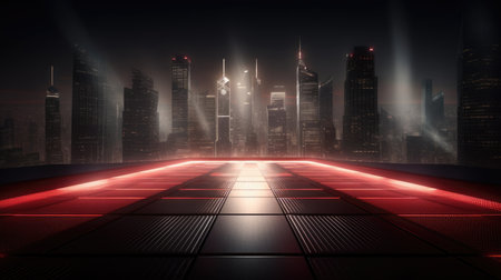 Futuristic cityscape with glowing lights. 3D rendering, Empty Stage Background, fog, photo mockupの素材