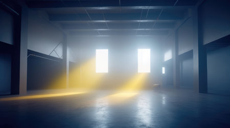 3d rendering of an empty room with light coming through the door, Empty Stage Background, fog, photo mockupの素材