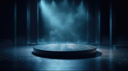 Empty stage with smoke and spotlights, 3d rendering. Computer digital drawing, Empty Stage Background, fog, photo mockupの素材