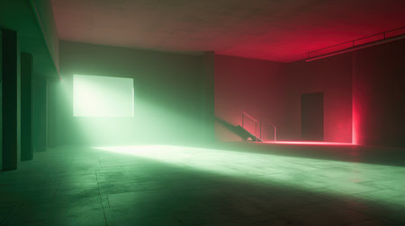 3D rendering of a corridor in a dark room with neon lights, Empty Stage Background, fog, photoの素材