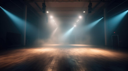 Empty stage with spotlights, smoke and spotlights. 3D rendering, Empty Stage Background, fog, photoの素材