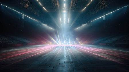 3D rendering of a stage with lights and spotlights in a nightclub, Empty Stage Background, fog, photoの素材