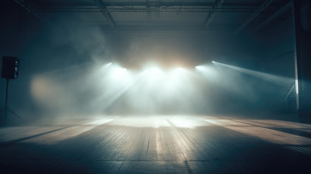 Interior of an empty industrial building with smoke and spotlights, Empty Stage Background, fog, photoの素材