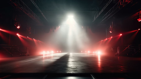 Stage lights, spotlights, spotlights on the stage. Stage lights, spotlights, Empty Stage Background, fog, photoの素材