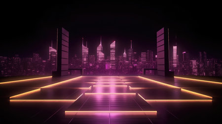Futuristic city with neon lights, 3d rendering, virtual reality, Empty Stage Background, fog, photoの素材