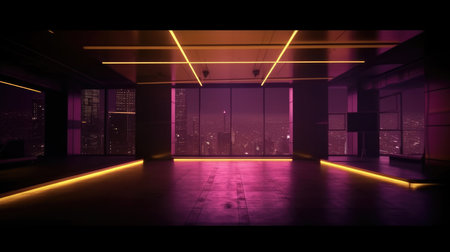 3D rendering of a dark room with neon lights and a city view, Empty Stage Background, fog, photo mockupの素材
