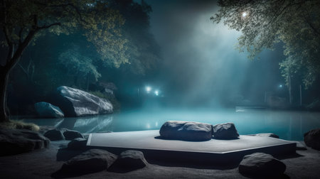 Foggy night scene with lake and stones. 3D rendering, Empty Stage Background, fog, photoの素材