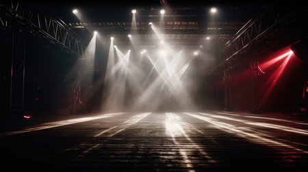 Stage Spotlight with Laser rays and smoke, Stage Spotlight on a Stage, Stage Background, , Empty Stage Background, fog, photo mockupの素材
