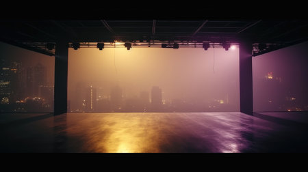 Empty stage with lights and city in the background. 3d rendering, Empty Stage Background, fog, photo mockupの素材