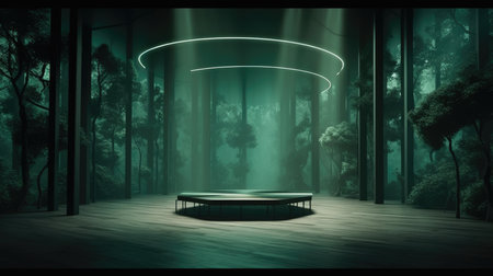 Fantasy scene with empty podium in the forest. 3D rendering, Empty Stage Background, fog, photo mockupの素材