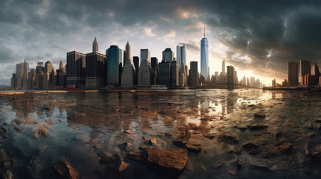 Chicago skyline with skyscrapers and reflections in water. 3D renderingの素材