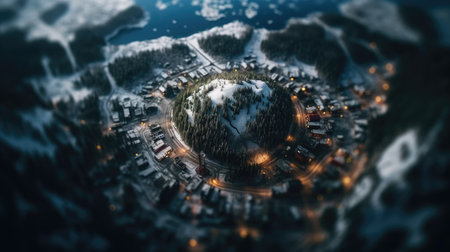 Little planet with city lights and snow. 3d rendering illustration.の素材