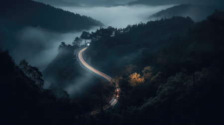 Foggy road in the mountains at night. nature background.の素材