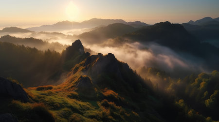 Sunrise in the morning misty mountains landscape. panorama.の素材