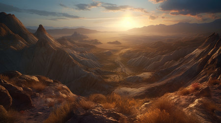 fantasy alien planet. mountain and sunset. 3D illustration.の素材