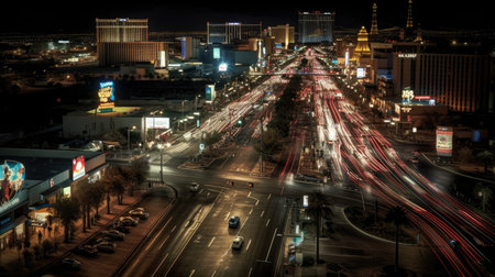 Las Vegas, Nevada, USA downtown skyline at night with light trails.の素材