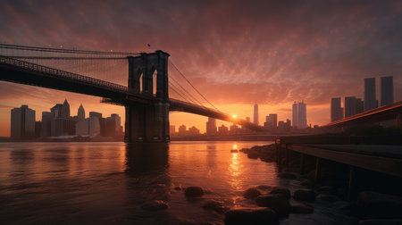 Brooklyn Bridge and Manhattan skyline at sunset, New York City, USAの素材