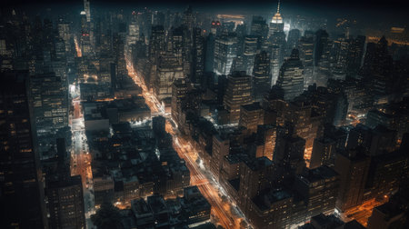New York City Manhattan skyline at night with skyscrapers and street lights.の素材