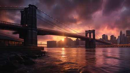 Brooklyn Bridge at sunset, New York City, United States.の素材