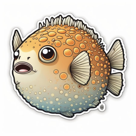 Puffer Fish sticker on white background. Cute cartoon fish. Cute vector tshirt illustration, print, stickerの素材