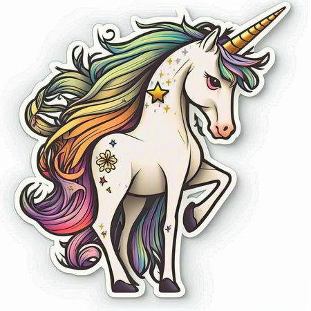 Unicorn with rainbow mane on white background. vector illustration. Cute vector tshirt illustration, print, stickerの素材
