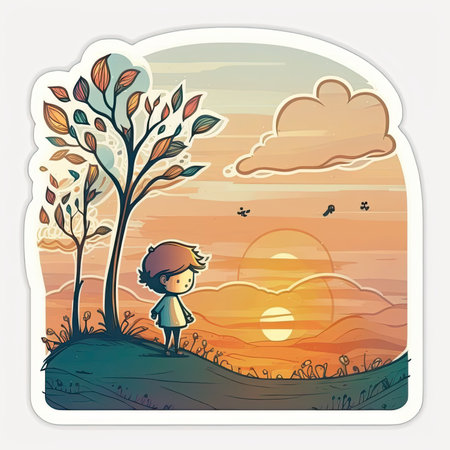 Cute little girl walking in the forest at sunset. vector illustration. Cute vector tshirt illustration, print, stickerの素材