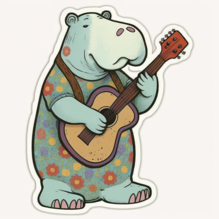 Hippopotamus playing the guitar, hand drawn vector illustration. Cute vector tshirt illustration, print, stickerの素材