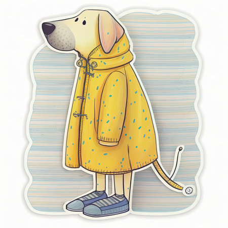 Illustration of a dog in a yellow raincoat on a striped background. Cute vector tshirt illustration, print, stickerの素材