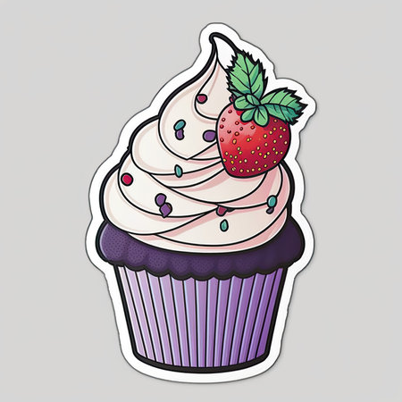 Illustration of a cupcake with strawberry and mint on a gray background. Cute vector tshirt illustration, print, stickerの素材