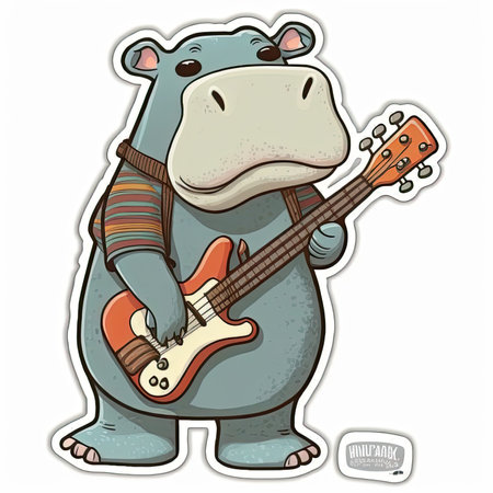 hippo with guitar. Vector illustration of a hippo. Cute vector tshirt illustration, print, stickerの素材