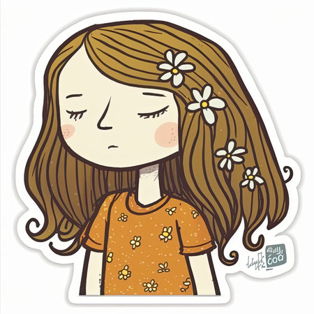 sticker of a girl with long hair and a flower in her hair. Cute vector tshirt illustration, print, stickerの素材