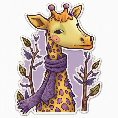 Illustration of a giraffe with a scarf on his neck in the forest. Cute vector tshirt illustration, print, stickerの素材