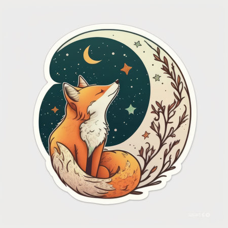 Cute fox in the moonlight. hand drawn vector illustration. Cute vector tshirt illustration, print, stickerの素材