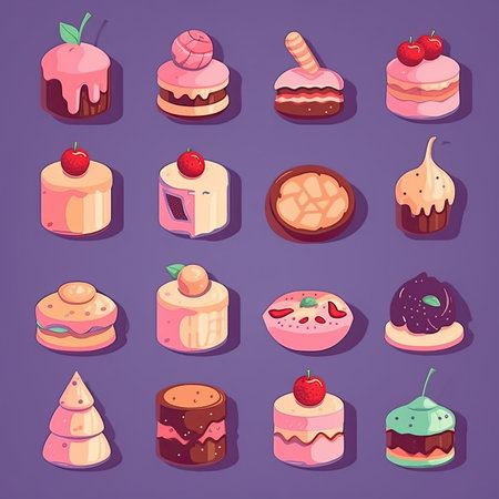 Cake icons set. Cartoon illustration of 16 cake icons for web. Vector clipart collection, scrapbookingの素材