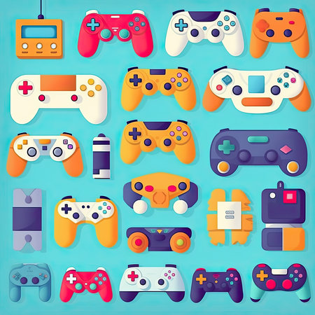 Gamepad icons set on blue background. Flat style vector illustration. Vector clipart collection, scrapbookingの素材