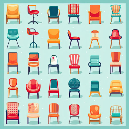 Vector set of different types of chairs in flat style. vector illustration. Vector clipart collection, scrapbookingの素材