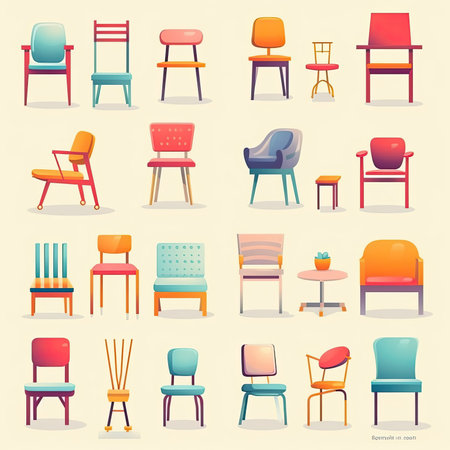 Set of different chairs. Vector illustration in flat style. isolated on white background. Vector clipart collection, scrapbookingの素材