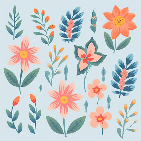 Set of cute hand drawn floral elements. Vector illustration in cartoon style. Vector clipart collection, scrapbookingの素材