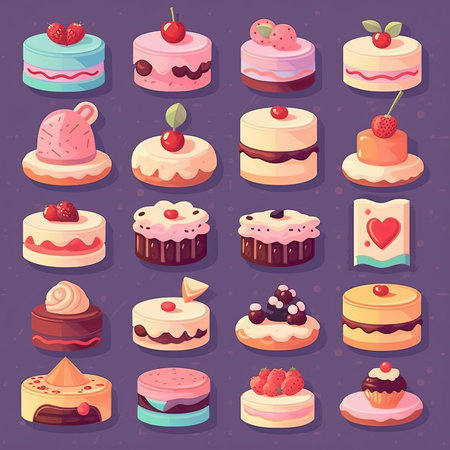 Cake icons set with different sweet desserts and desserts isolated vector illustration. Vector clipart collection, scrapbookingの素材