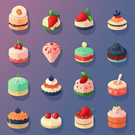 Set of different cakes and pastries. Isometric vector illustration. Vector clipart collection, scrapbookingの素材