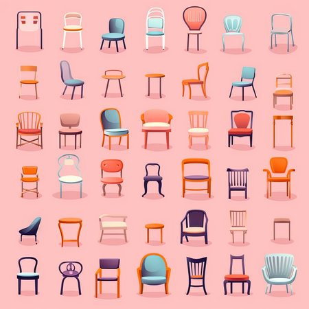 Set of different types of chairs in cartoon style. vector illustration. Vector clipart collection, scrapbookingの素材