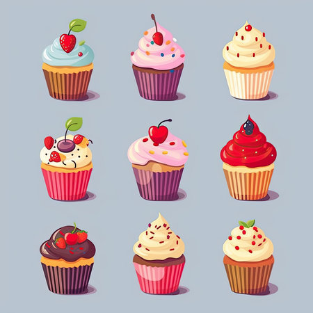 Cupcake icon set. Vector illustration of cupcake icons. Vector clipart collection, scrapbookingの素材