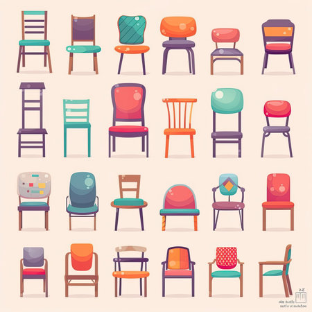 Set of different types of chairs in cartoon style. vector illustration. Vector clipart collection, scrapbookingの素材