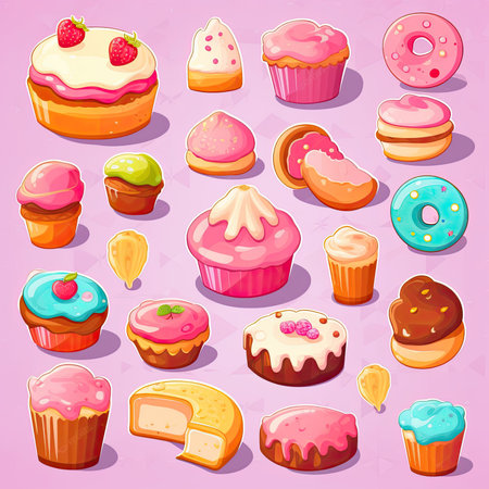 illustration of a set of colorful cupcakes on a pink background. Vector clipart collection, scrapbookingの素材