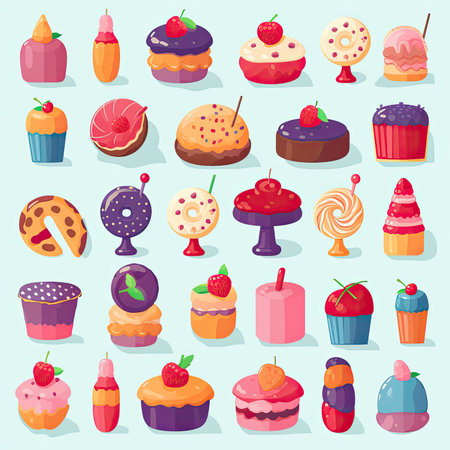 Set of different sweet cakes. Vector illustration in flat cartoon style. Vector clipart collection, scrapbookingの素材