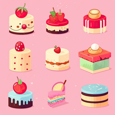 cake icon set. Vector illustration in cartoon style. Isolated on pink background. Vector clipart collection, scrapbookingの素材
